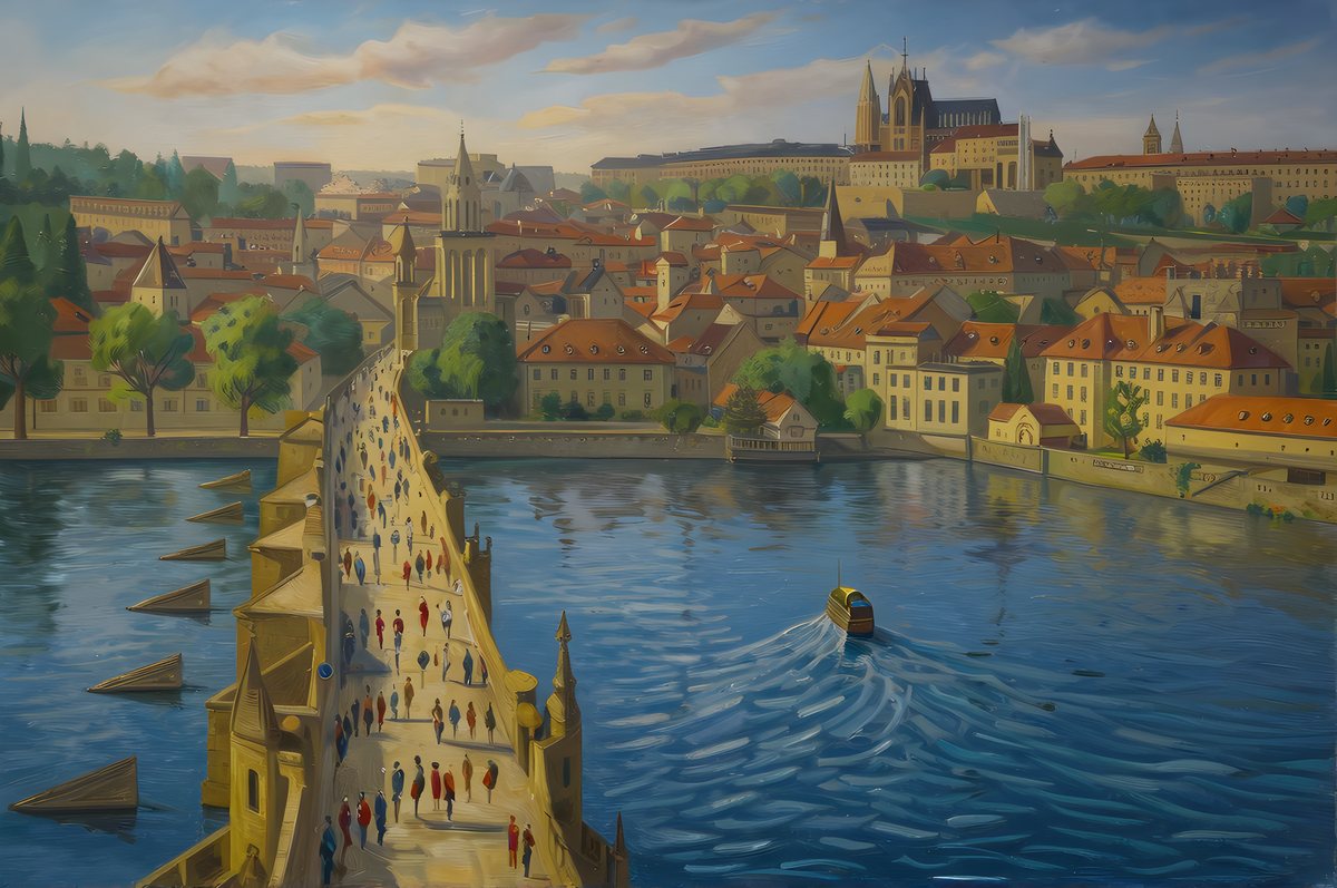 Prague at Charles Bridge, oil painting style